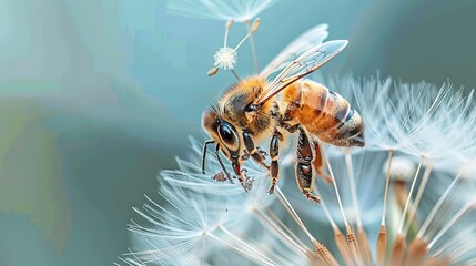 Honeybee collects nectar from a blooming dandelion flower , generative ai - obrazy, fototapety, plakaty