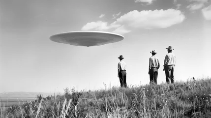 Fotobehang Men Looking at a UFO in the Sky © Nurple Art