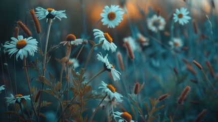 Fototapeta na wymiar Beautiful chamomile wildflowers, purple wild peas, butterflies in the morning fog in nature close-up macro. Landscape wide format, copy space, cool blue tones. Delightful pastoral airy artistic image