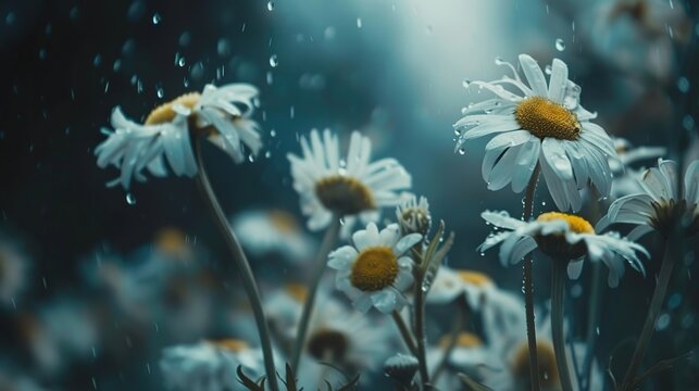 Beautiful chamomile wildflowers, purple wild peas, butterflies in the morning fog in nature close-up macro. Landscape wide format, copy space, cool blue tones. Delightful pastoral airy artistic image