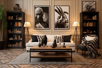 Vintage Film Noir Living Room Ideas: Mediterranean Twist with Rattan Decors, Roomy Couch, and Black Frame Gallery