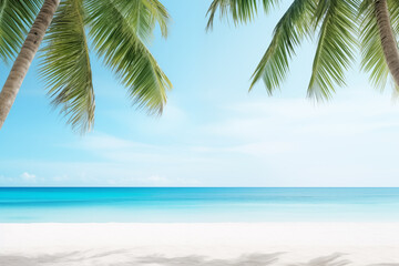 Palm trees on sandy beach with the azure ocean in the background, under a bright blue sky with fluffy clouds on a tropical daytime natural landscape - Powered by Adobe