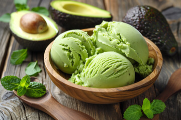 Homemade Green Organic Avocado Ice Cream Ready to Eat. vegetarian ice cream. Healthy dessert. Keto diet.