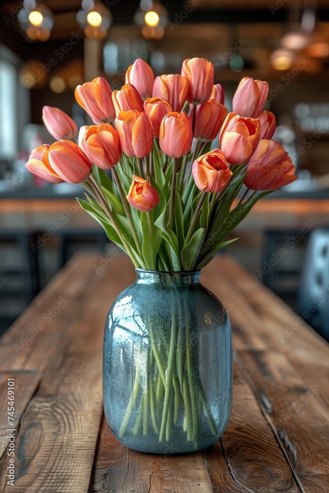 Poster a wooden table supports a vase overflowing with numerous pink flowers, creating a vibrant and cheerf