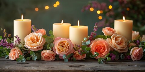 burning candles and pink rose flowers - obrazy, fototapety, plakaty