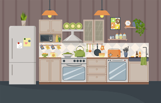 Illustration of a kitchen interior with modern furniture. Kitchen utensils - dishes, spice jars, toaster and kettle. Refrigerator and cabinets, shelves. Stove and dishwasher. Flat vector.