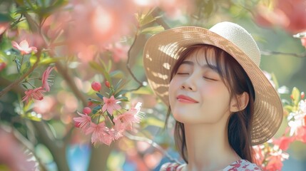 portrait of happy beautiful happy youngwoman relaxing in park. Joyful female model breathing fresh air outdoors and enjoying smell in a flower spring or summer garden, vintage tone.