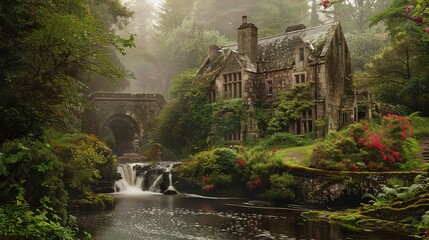 Scotland Garden Waterfall Beautiful Background , generative ai, - obrazy, fototapety, plakaty