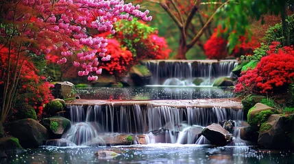 Fotobehang Scotland Garden Waterfall Beautiful Background , generative ai, © irvan