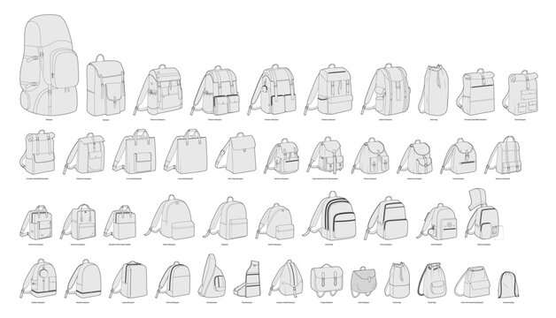 Set of backpacks silhouette bags. Fashion accessory technical illustration. Vector schoolbag 3-4 view for Men, women, unisex style, flat handbag CAD mockup sketch outline isolated
