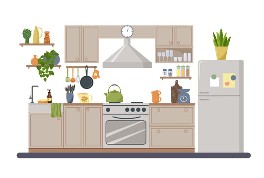 Illustration of a modern kitchen interior. Furniture and refrigerator, cabinets, kitchen utensils. Sink and stove with extractor hood, spice jars, toaster and kettle. Flat vector. For advertising