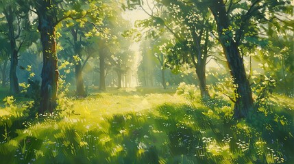Sunlight in the green forest, spring time, generative ai