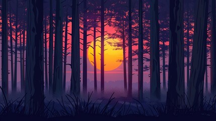 Sunset or dawn in a pine forest in spring or early summer. The sun among the trunks of pines, generative ai