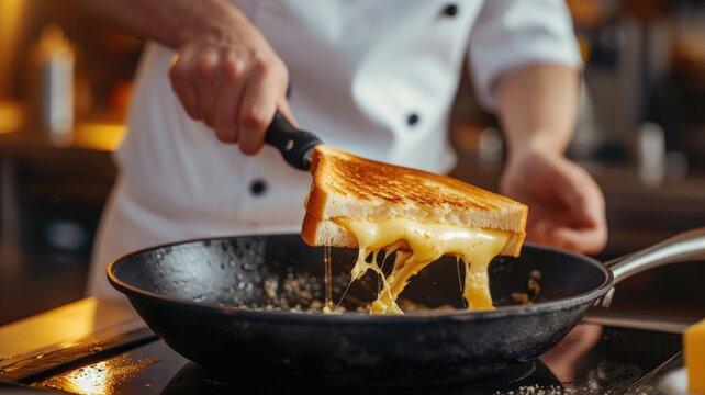 Chef flipping a melting cheese sandwich in a pan