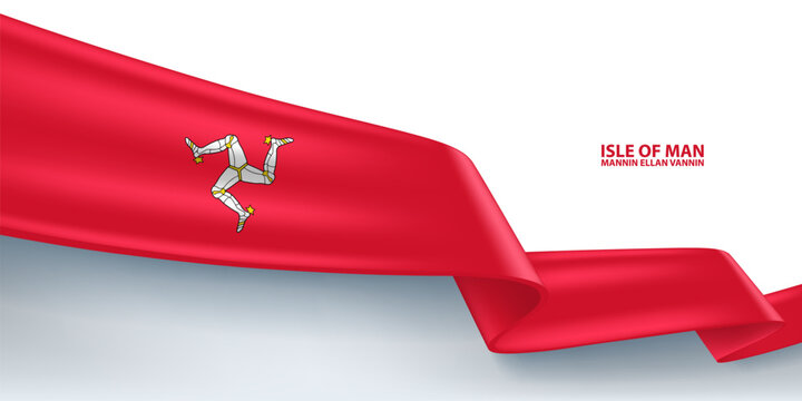 Isle of Man 3D ribbon flag. Bent waving 3D flag in colors of the Isle of Man national flag. National flag background design.