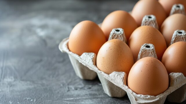 Brown eggs in a carton on a grey background