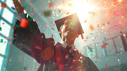 A photorealistic image of a graduate throwing their mortarboard. The face of the graduate expressive and joyful. The mortarboard in the air, with confetti flying around it.