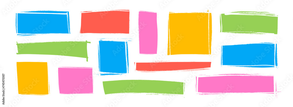 Poster hand drawn colorful grunge rectangles and squares. colored childish style frames, borders or templat