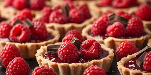 tartlets decorated with plump, juicy raspberries and chunks of rich, creamy chocolate - obrazy, fototapety, plakaty