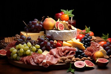 Meat cheese fruits tray. Dinner cuisine. Generate Ai