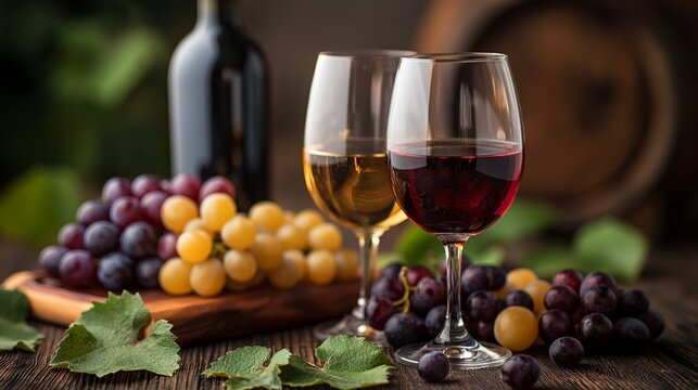 Two glasses of red and white wine with grapes on wooden table.