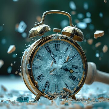 A clock with broken glass and a mallet and simple background. 