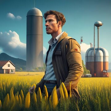 Man walking on farm field wheat concept farmer nature futuristic digital illustration environment
