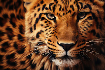 leopards face, showcasing its striking features, including intense eyes, sharp whiskers, and powerful jaw