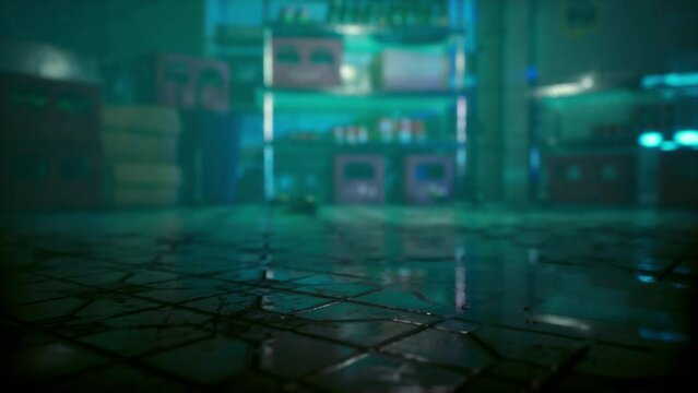 unoccupied Asian bar bathed in neon light