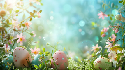 Fototapeta na wymiar Happy Easter. Spring garden. Easter eggs and flowers background.