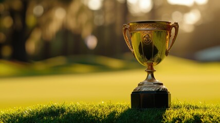 A trophy on the grass with trees in the background