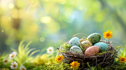 Happy Easter. Background of flowers and Easter eggs in a basket. Spring garden.