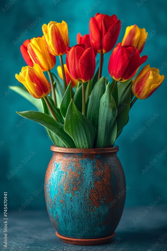 Poster a beautifully crafted blue vase overflowing with a stunning array of red, yellow, and orange tulips,