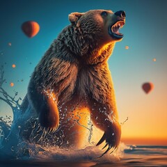 Brown bear run and splashing on water digital illustration concept - obrazy, fototapety, plakaty