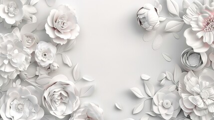 3d render, digital illustration, white paper flowers, Valentine's day decoration, pastel floral background, bridal bouquet, wedding, quilling, Easter holiday greeting card, generative ai