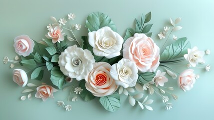 Obraz na płótnie Canvas 3d render, digital illustration, white paper flowers, Valentine's day decoration, pastel floral background, bridal bouquet, wedding, quilling, Easter holiday greeting card, generative ai