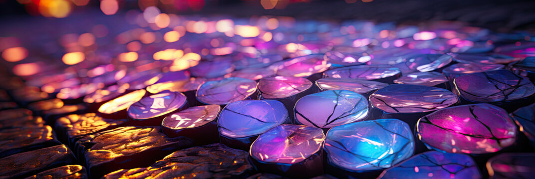 A cluster of vibrant lights glowing on a table, creating a captivating and dazzling display of colors and patterns