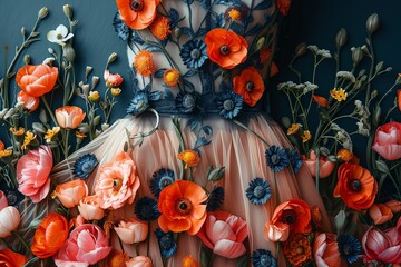 colorful dress adorned with vibrant flowers, standing gracefully in a sunlit garden