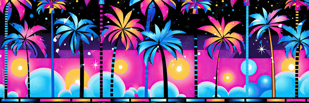 Poster majestic palm trees swaying gently under a mesmerizing night sky filled with twinkling stars and a luminous moon