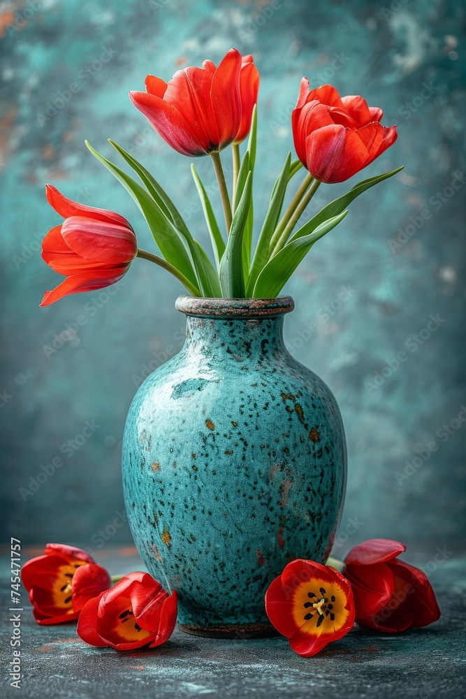 Poster a striking blue vase holds vibrant red flowers on a table, creating a beautiful contrast of color an