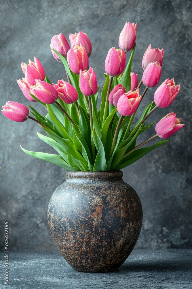 Poster a beautiful vase sits on a table, filled with vibrant pink tulips in full bloom, adding a touch of e
