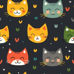 Seamless Vector Pattern with Multicolored Cats Surrounded by Love Hearts on Black Background