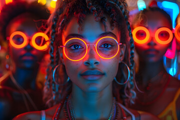 Afrofuturistic Night Scene with People Wearing Neon Glasses