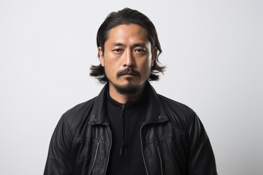 Portrait of a handsome asian man in black leather jacket.