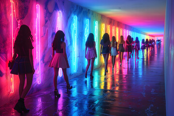 Neon Lights Illuminated Hallway with Colorful Graffiti Art in Dolly Kei Style
