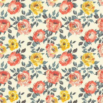 Seamless pattern with retro roses red and yellow in style of watercolor