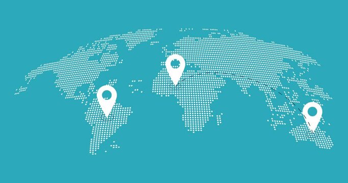 Abstract world map animation with pointers. Pins on world map navigation and travel concept. GPS location services, Global Business Network. Modern Technology hi-tech futuristic style animation.