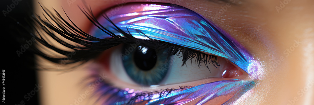Poster a close up of a persons eye with intricate purple and blue neon eyeliner, creating a captivating and