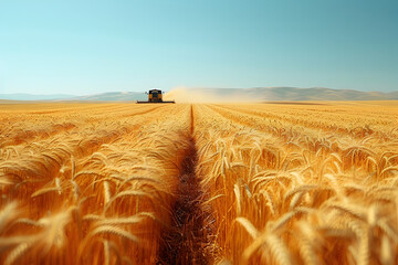 Combine Harvester in Wheat Field during Grain Harvest