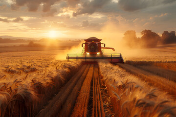 Farmer Harvesting Wheat at Sunset with Combine Harvester